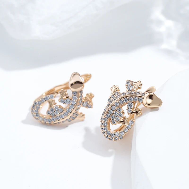 Elaborate Rose Gold Lizard Drop Earrings with Natural Zircon Accents