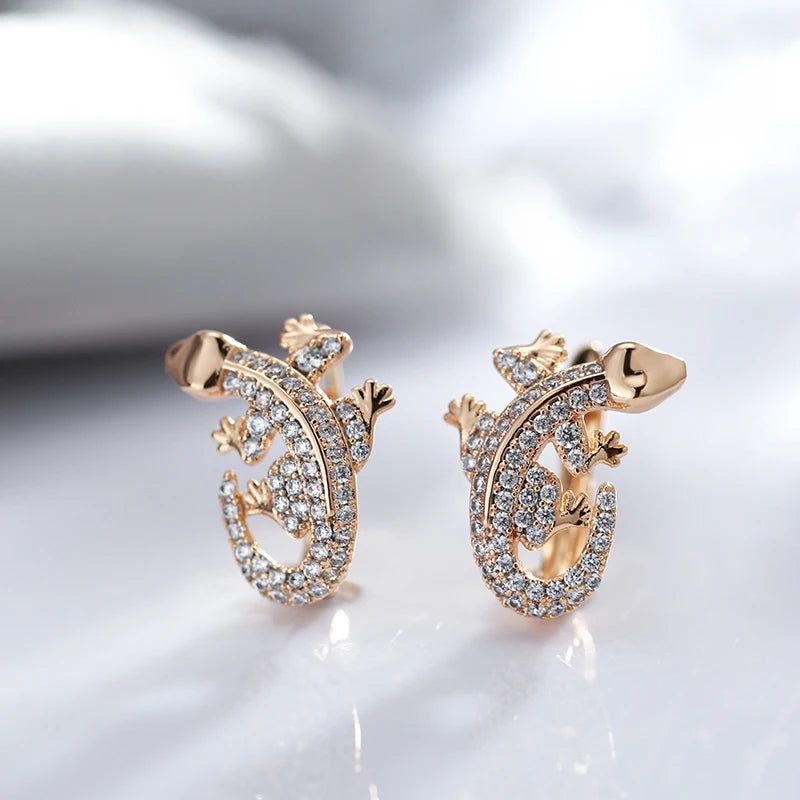 Elaborate Rose Gold Lizard Drop Earrings with Natural Zircon Accents