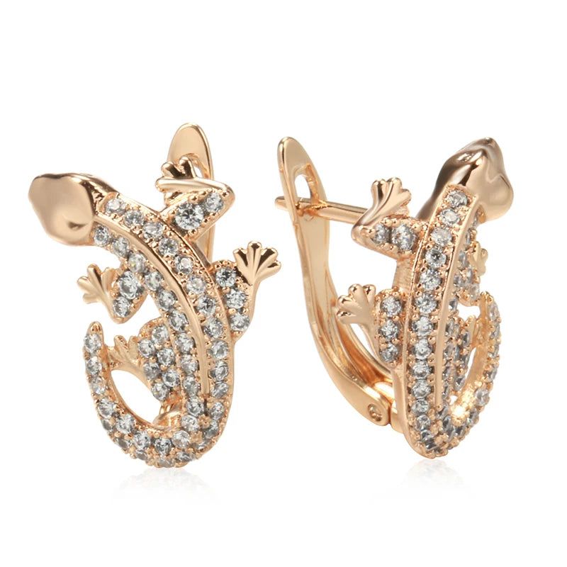 Elaborate Rose Gold Lizard Drop Earrings with Natural Zircon Accents