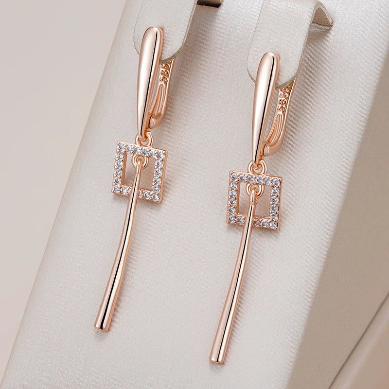 Elaborate Rose Gold Long Dangle Earrings with Natural Zircon - High-Quality Fashion Jewelry