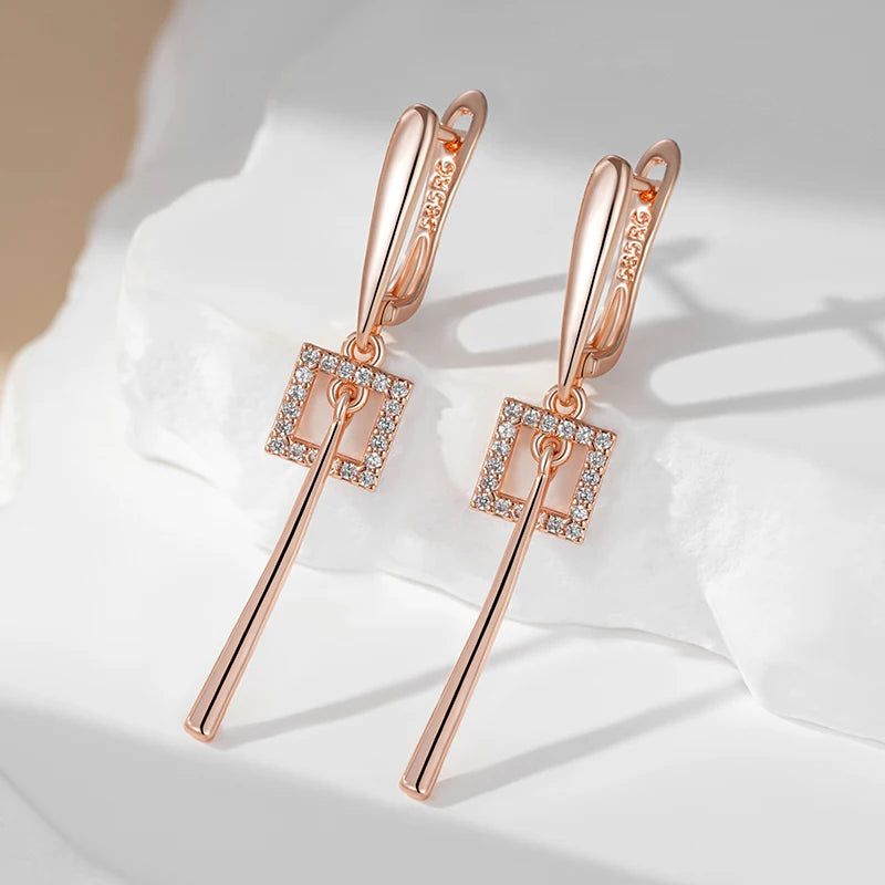 Elaborate Rose Gold Long Dangle Earrings with Natural Zircon - High-Quality Fashion Jewelry