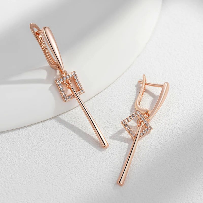 Elaborate Rose Gold Long Dangle Earrings with Natural Zircon - High-Quality Fashion Jewelry