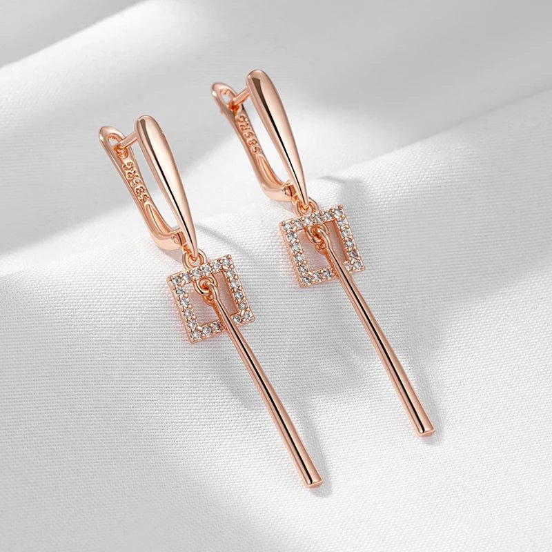 Elaborate Rose Gold Long Dangle Earrings with Natural Zircon - High-Quality Fashion Jewelry