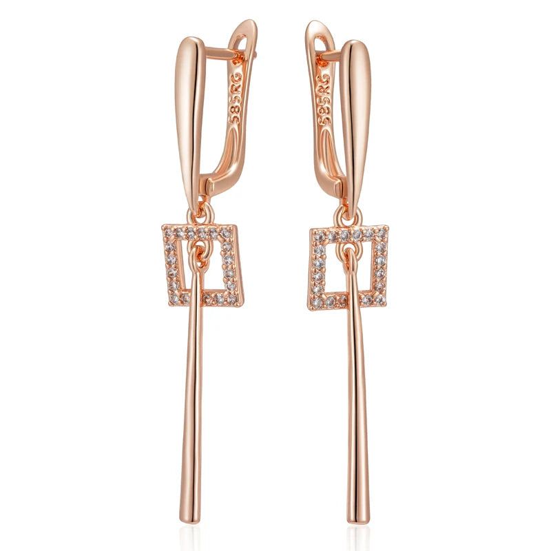 Elaborate Rose Gold Long Dangle Earrings with Natural Zircon - High-Quality Fashion Jewelry