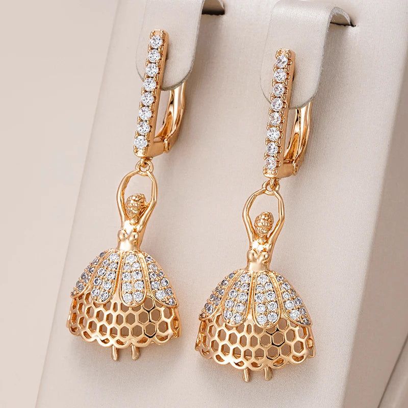 Elaborate Rose Gold Long Dangle Earrings with Natural Zircon - Romantic Ballet Style Jewelry