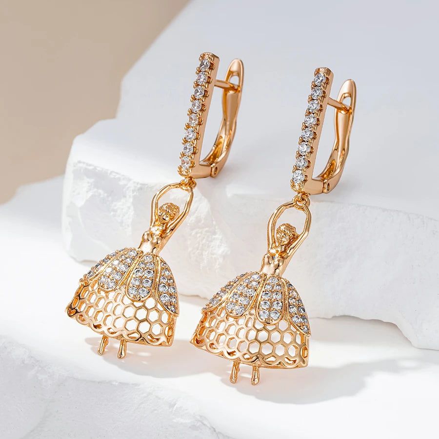 Elaborate Rose Gold Long Dangle Earrings with Natural Zircon - Romantic Ballet Style Jewelry