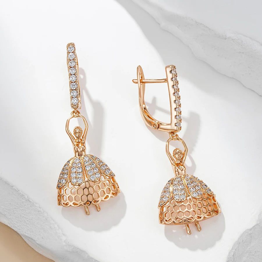 Elaborate Rose Gold Long Dangle Earrings with Natural Zircon - Romantic Ballet Style Jewelry