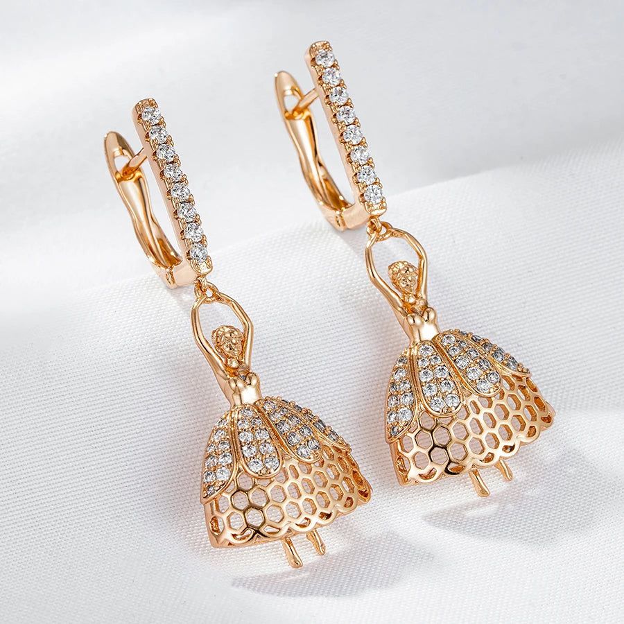 Elaborate Rose Gold Long Dangle Earrings with Natural Zircon - Romantic Ballet Style Jewelry