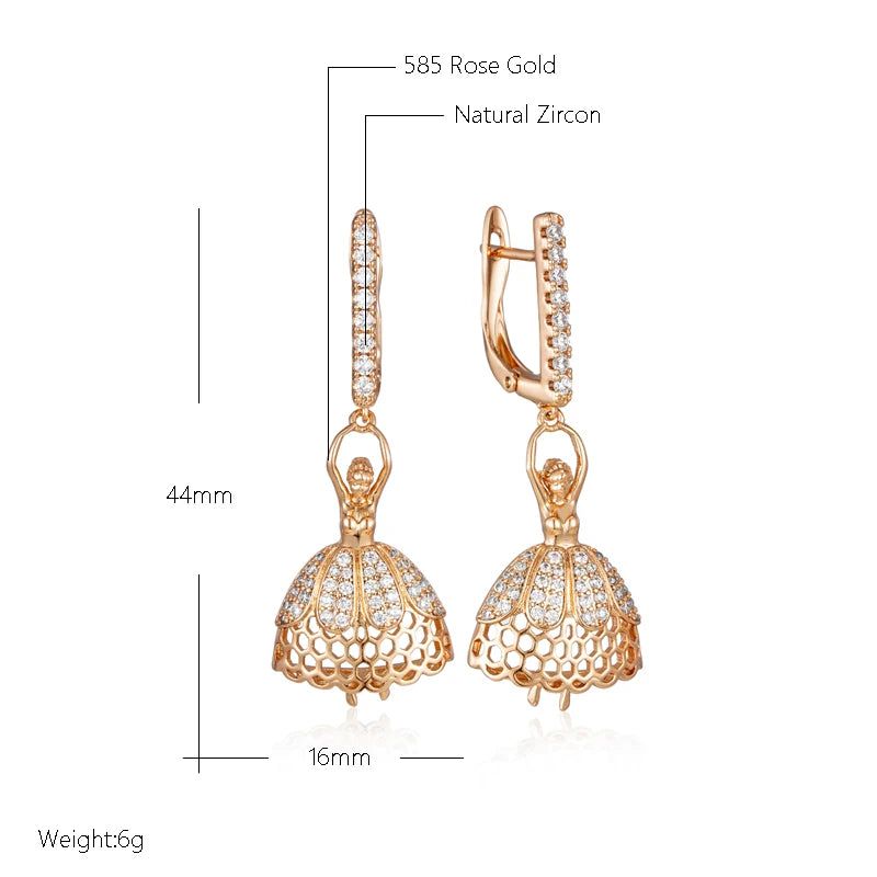 Elaborate Rose Gold Long Dangle Earrings with Natural Zircon - Romantic Ballet Style Jewelry