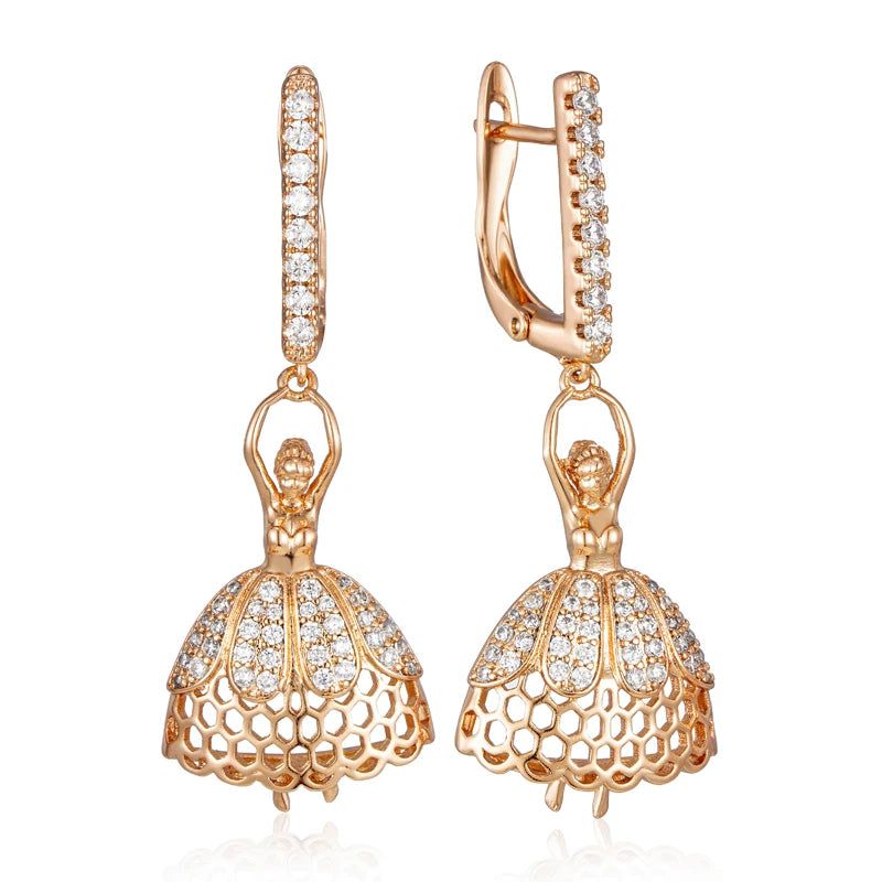 Elaborate Rose Gold Long Dangle Earrings with Natural Zircon - Romantic Ballet Style Jewelry