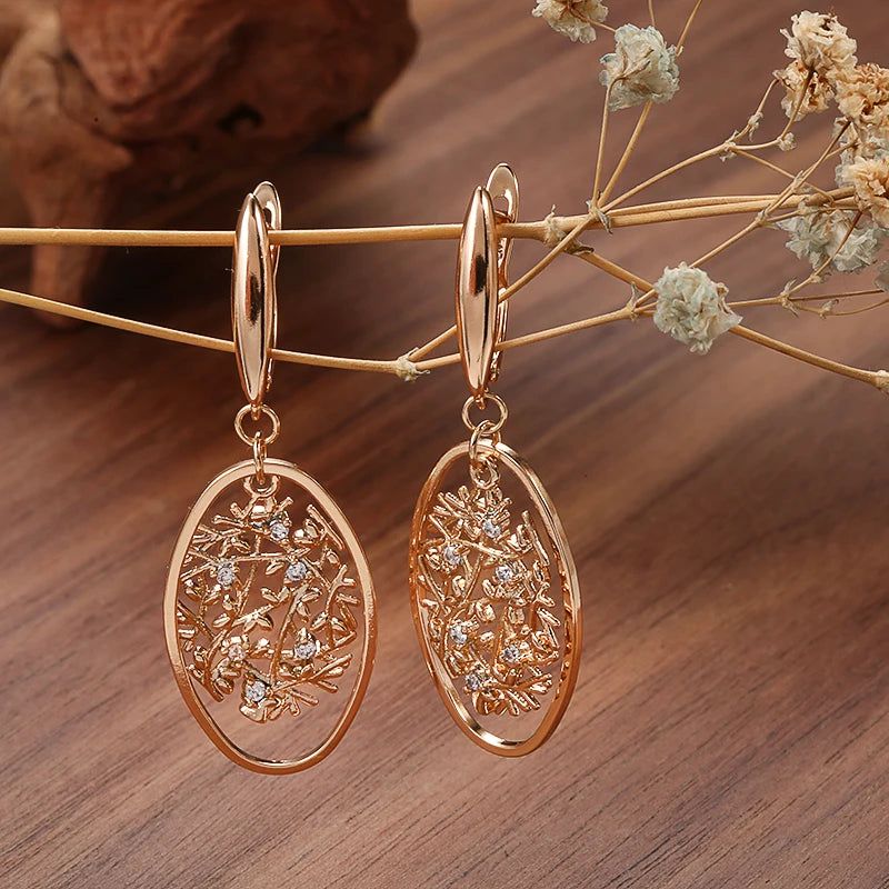 Elaborate Rose Gold Long Dangle Earrings with Natural Zircon and Unique Oval Design