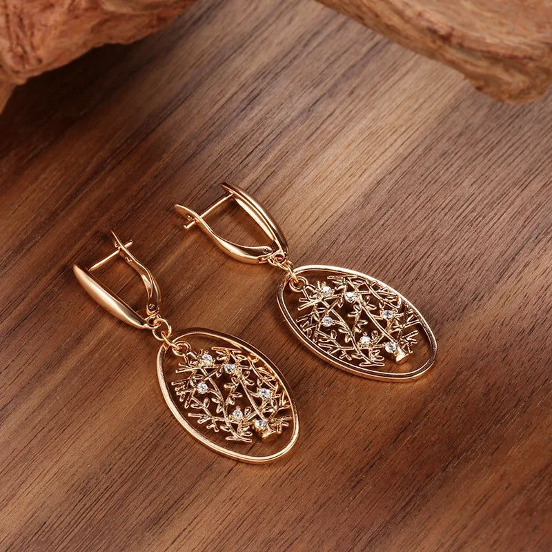 Elaborate Rose Gold Long Dangle Earrings with Natural Zircon and Unique Oval Design