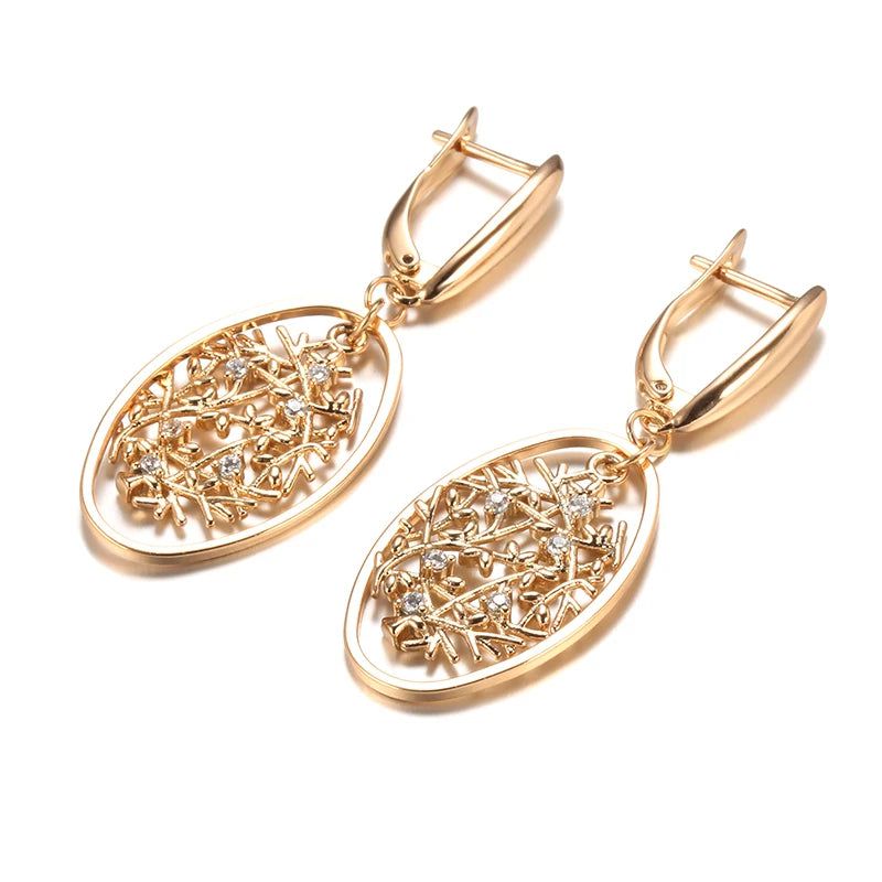 Elaborate Rose Gold Long Dangle Earrings with Natural Zircon and Unique Oval Design