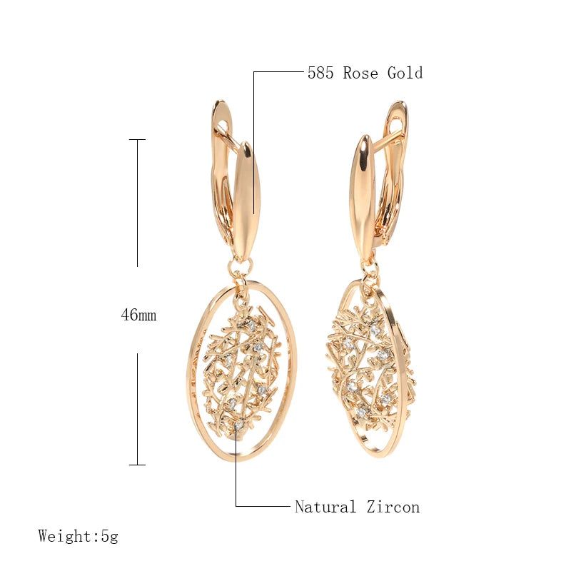 Elaborate Rose Gold Long Dangle Earrings with Natural Zircon and Unique Oval Design