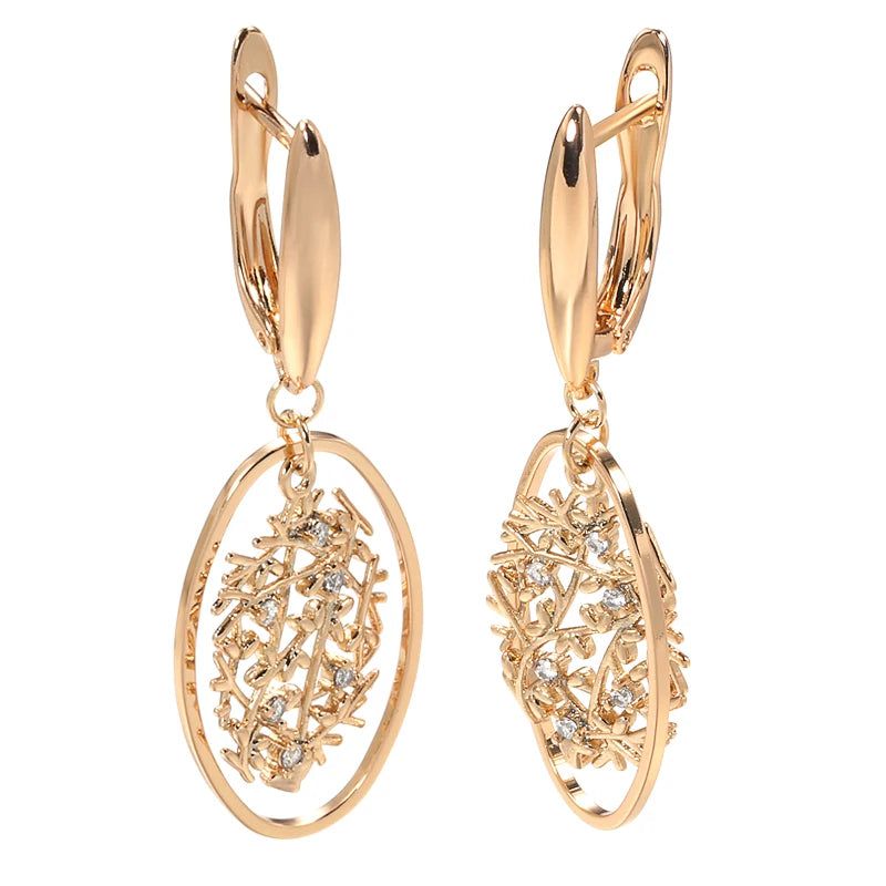 Elaborate Rose Gold Long Dangle Earrings with Natural Zircon and Unique Oval Design