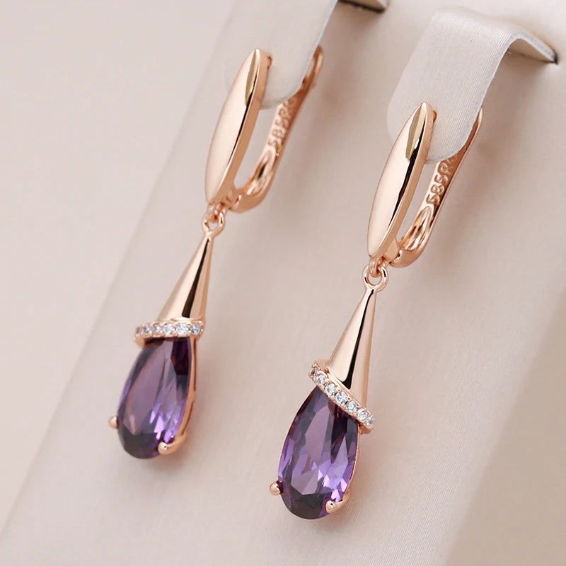 Elaborate Rose Gold Long Dangle Earrings with Purple Zircon and Crystal Water Drop Design