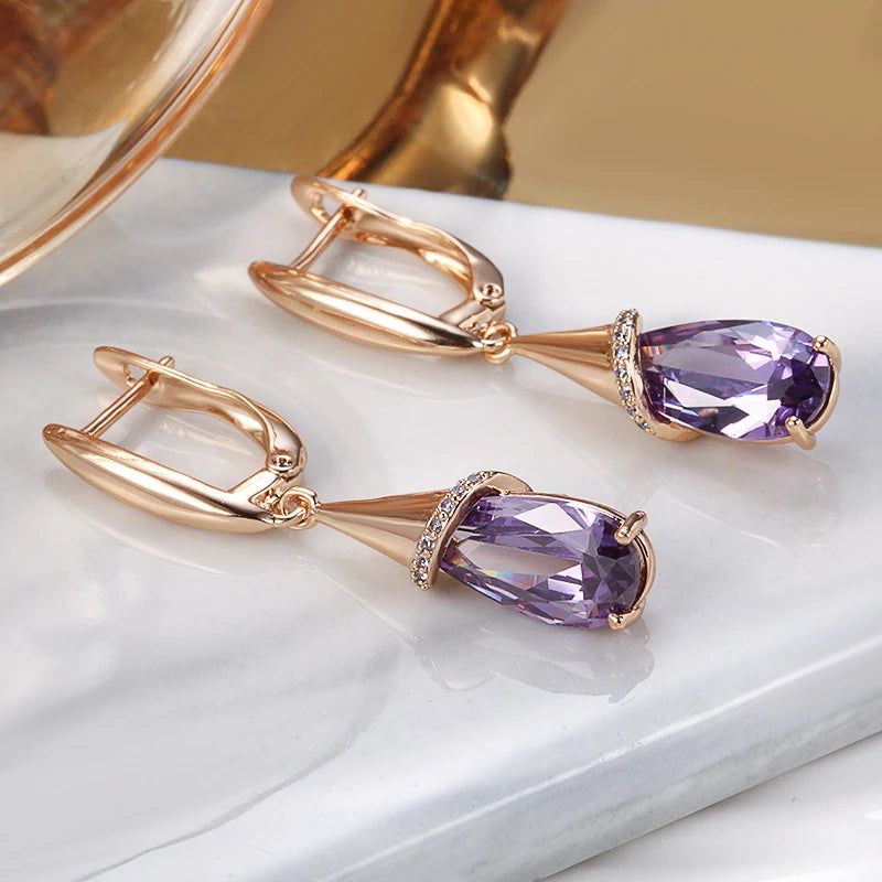 Elaborate Rose Gold Long Dangle Earrings with Purple Zircon and Crystal Water Drop Design