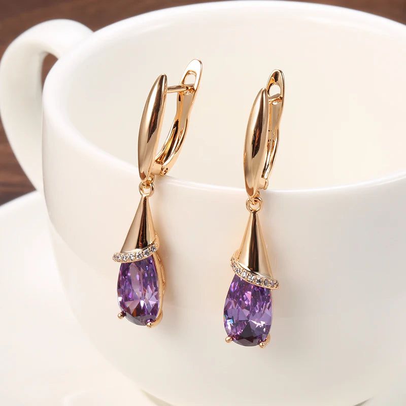 Elaborate Rose Gold Long Dangle Earrings with Purple Zircon and Crystal Water Drop Design