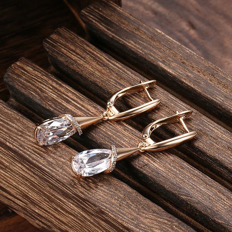 Elaborate Rose Gold Long Dangle Earrings with Purple Zircon and Crystal Water Drop Design