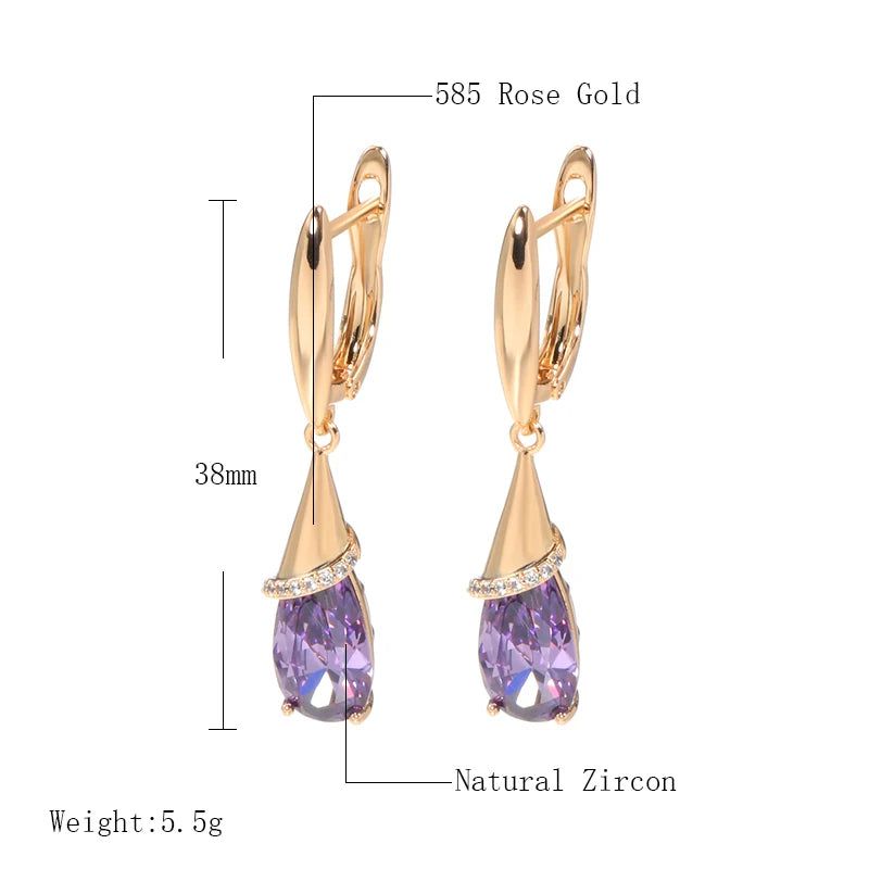 Elaborate Rose Gold Long Dangle Earrings with Purple Zircon and Crystal Water Drop Design