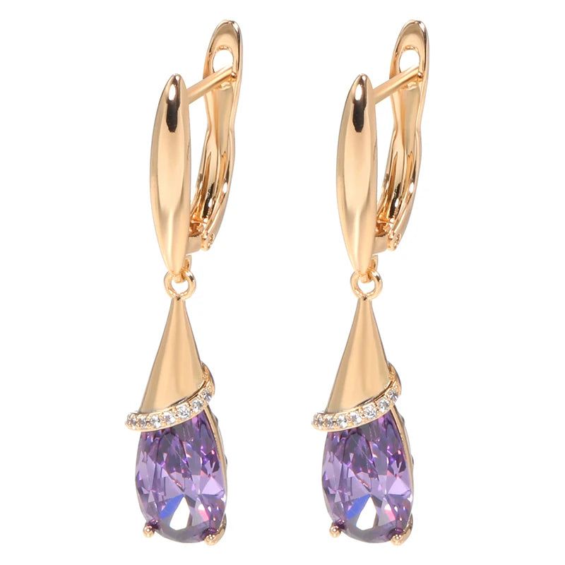 Elaborate Rose Gold Long Dangle Earrings with Purple Zircon and Crystal Water Drop Design