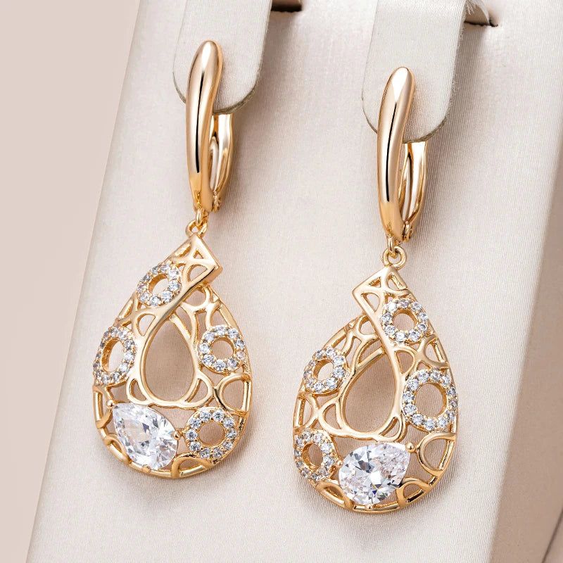 Elaborate Rose Gold Long Drop Earrings with Natural Zircon and Floral Design