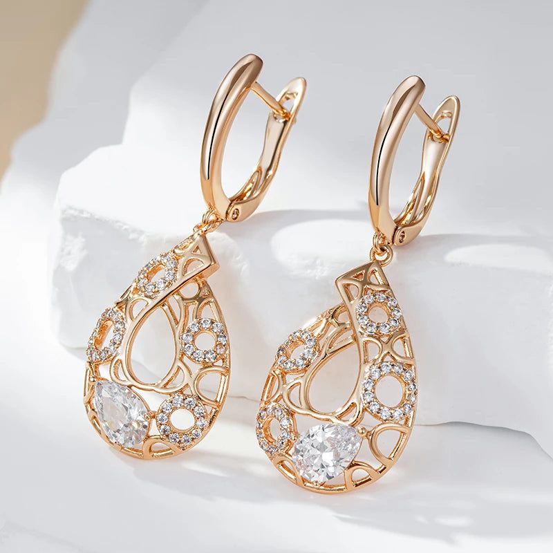 Elaborate Rose Gold Long Drop Earrings with Natural Zircon and Floral Design