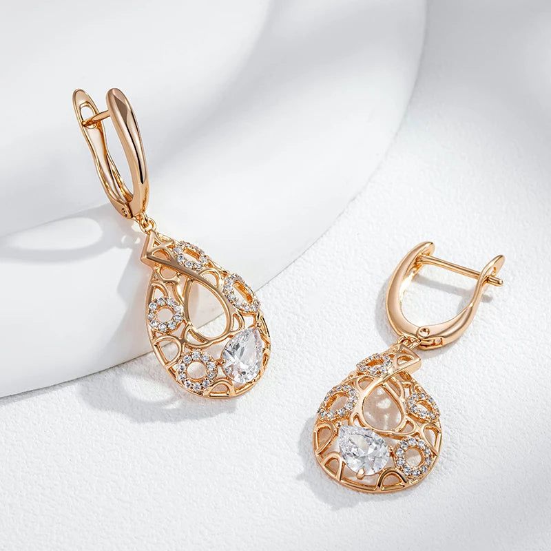 Elaborate Rose Gold Long Drop Earrings with Natural Zircon and Floral Design