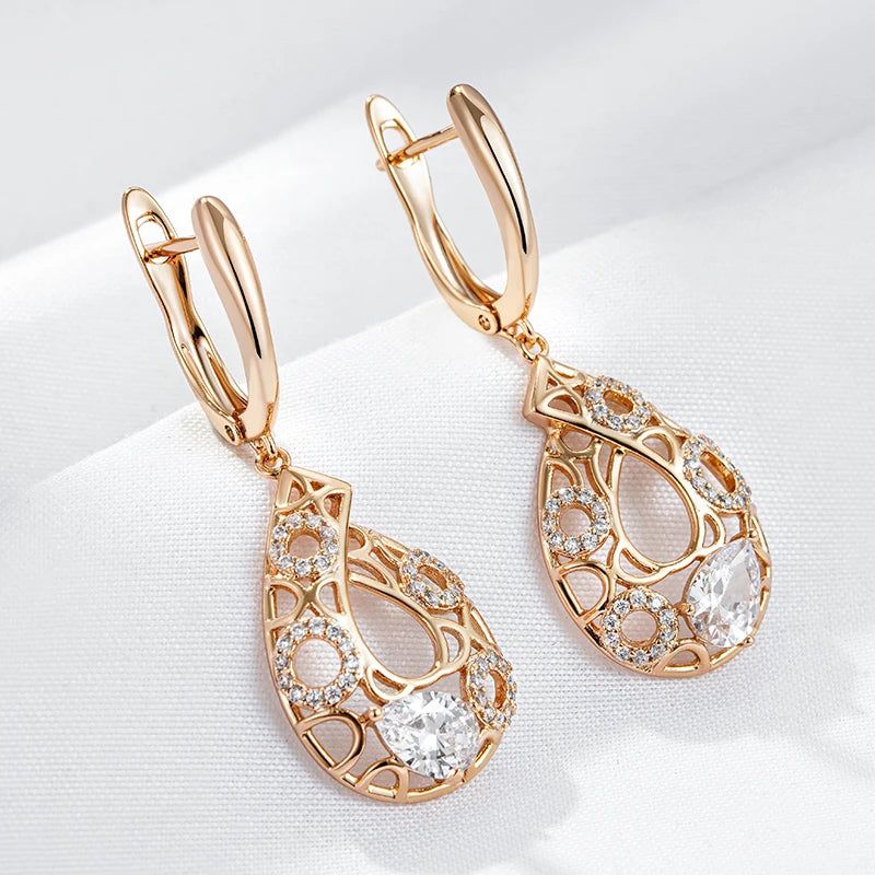 Elaborate Rose Gold Long Drop Earrings with Natural Zircon and Floral Design