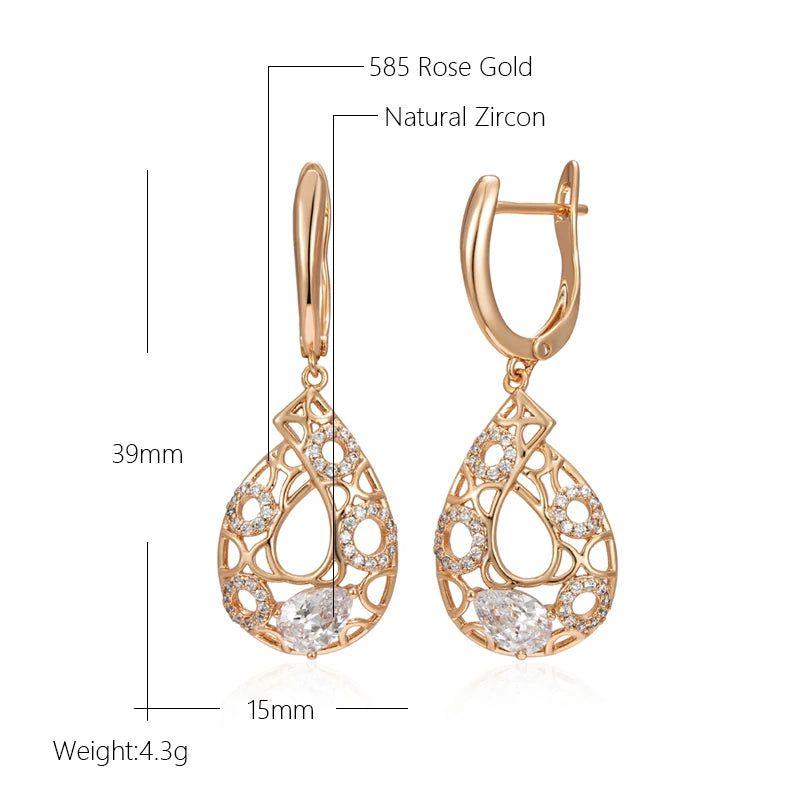 Elaborate Rose Gold Long Drop Earrings with Natural Zircon and Floral Design