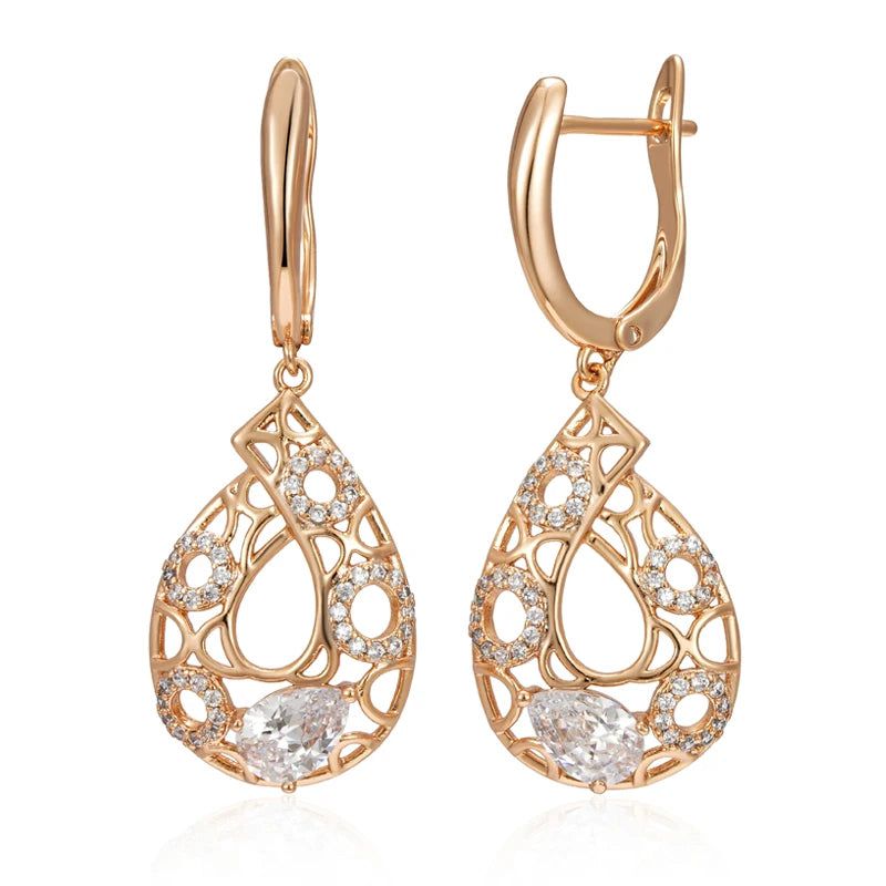 Elaborate Rose Gold Long Drop Earrings with Natural Zircon and Floral Design