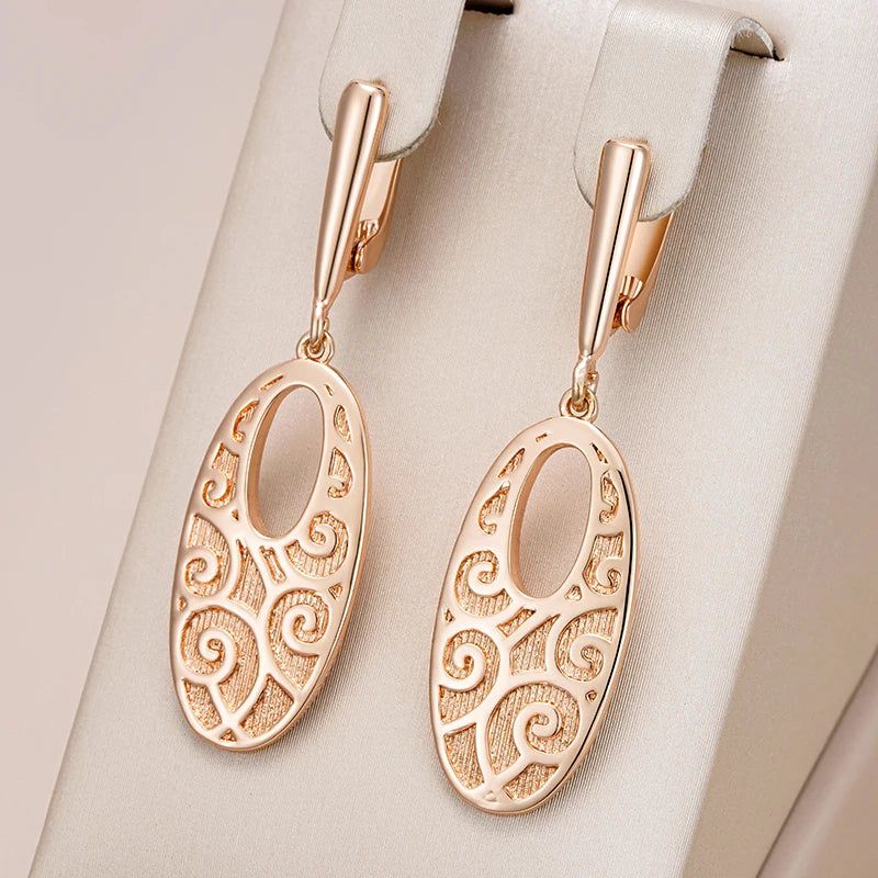 Elaborate Rose Gold Long Drop Earrings with Unique Rhombus Design in Glossy Finish