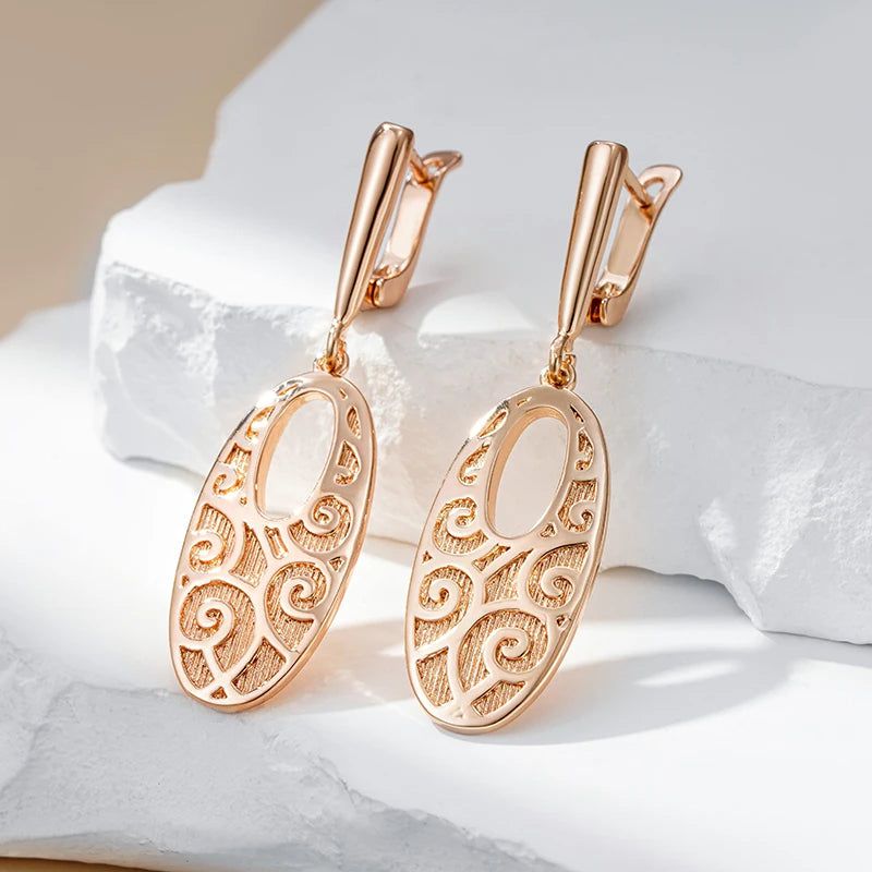 Elaborate Rose Gold Long Drop Earrings with Unique Rhombus Design in Glossy Finish