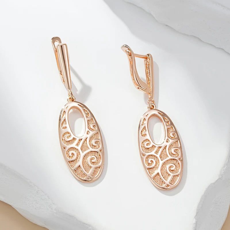 Elaborate Rose Gold Long Drop Earrings with Unique Rhombus Design in Glossy Finish