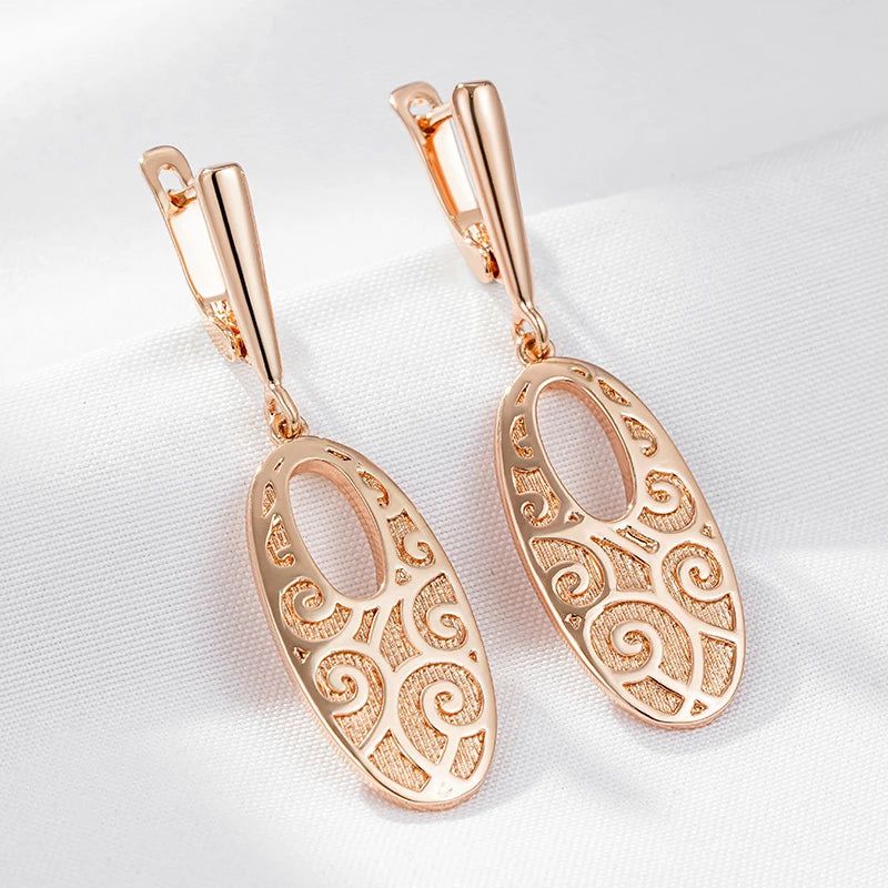 Elaborate Rose Gold Long Drop Earrings with Unique Rhombus Design in Glossy Finish