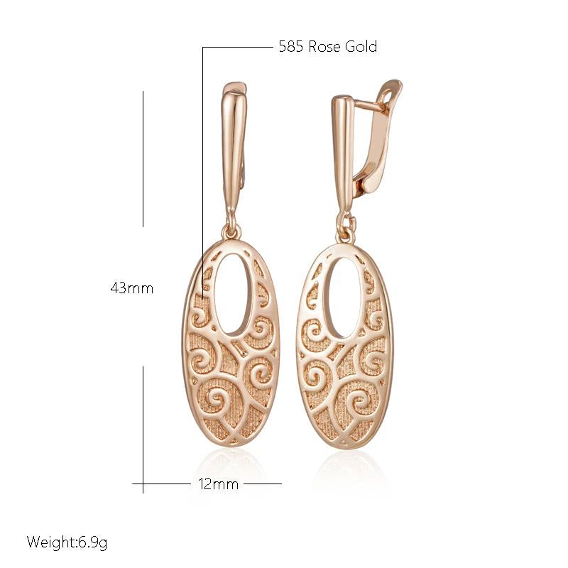 Elaborate Rose Gold Long Drop Earrings with Unique Rhombus Design in Glossy Finish