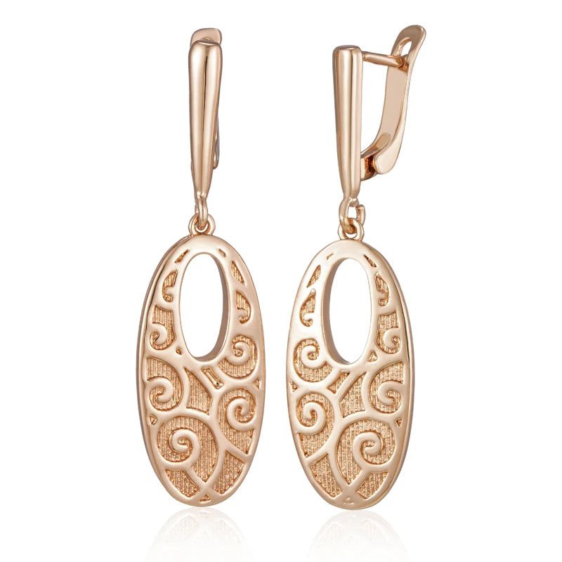 Elaborate Rose Gold Long Drop Earrings with Unique Rhombus Design in Glossy Finish