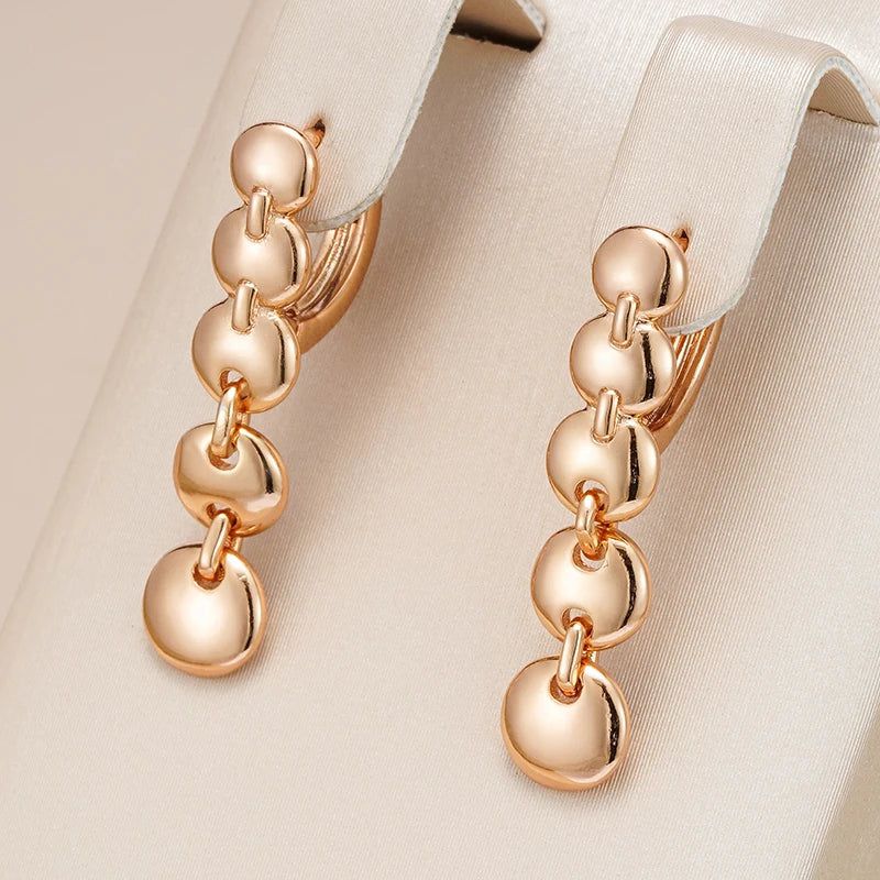 Elaborate Rose Gold Long Pendant Dangle Earrings - High-Quality Glossy Fashion Jewelry