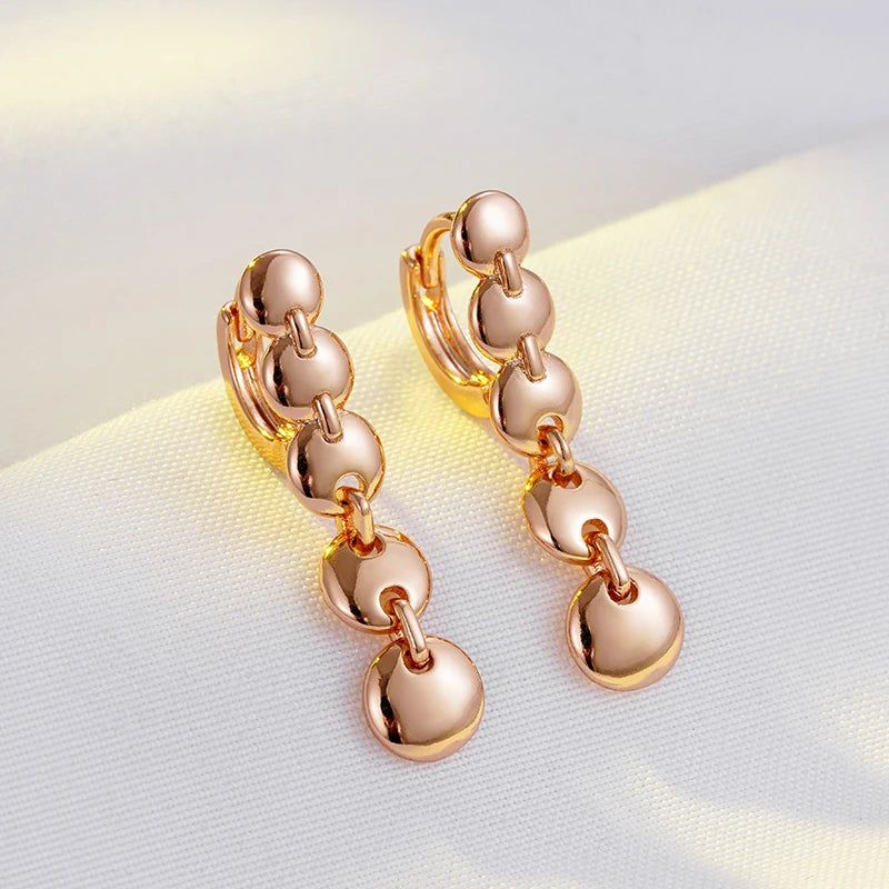 Elaborate Rose Gold Long Pendant Dangle Earrings - High-Quality Glossy Fashion Jewelry