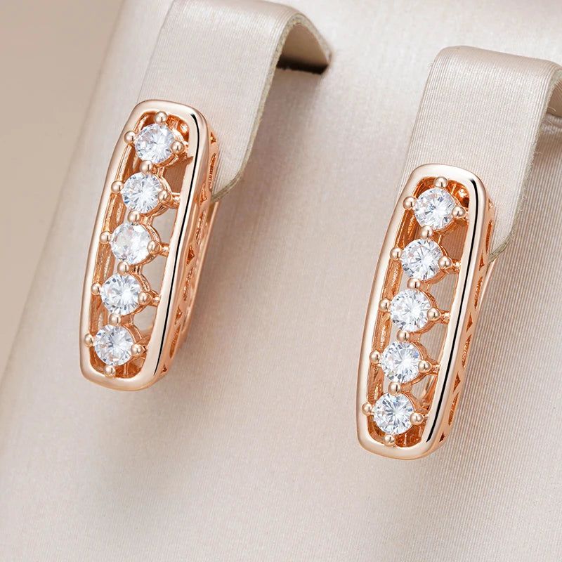 Elaborate Rose Gold Long Square Drop Earrings with White Zircon Accents