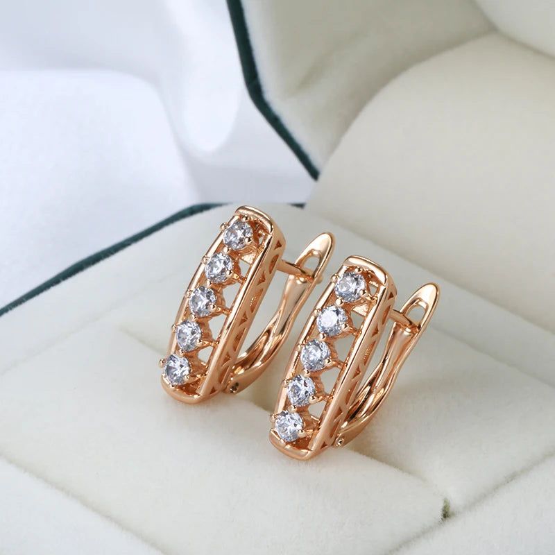 Elaborate Rose Gold Long Square Drop Earrings with White Zircon Accents