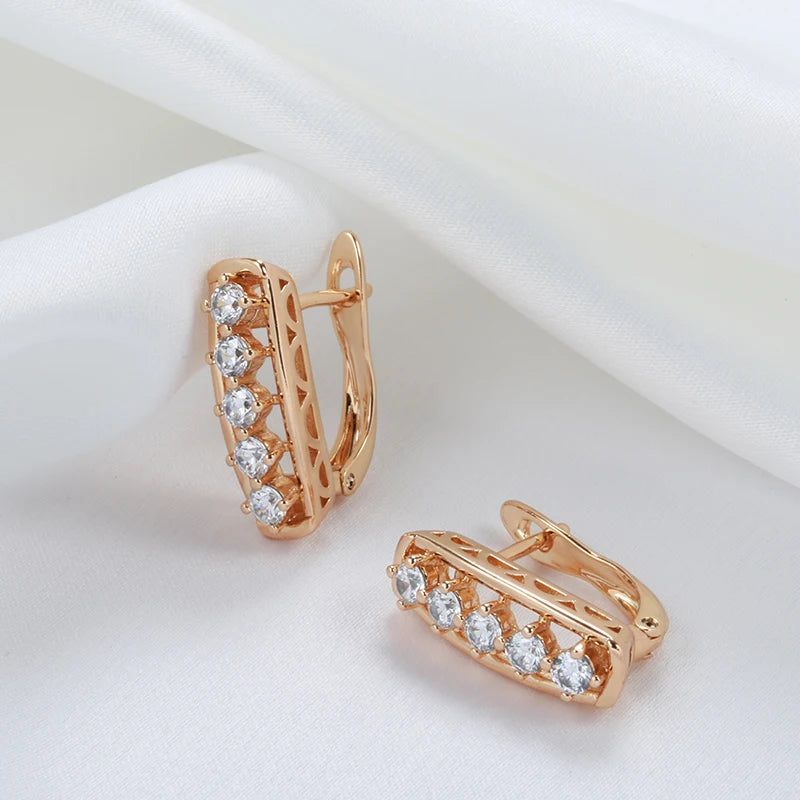 Elaborate Rose Gold Long Square Drop Earrings with White Zircon Accents