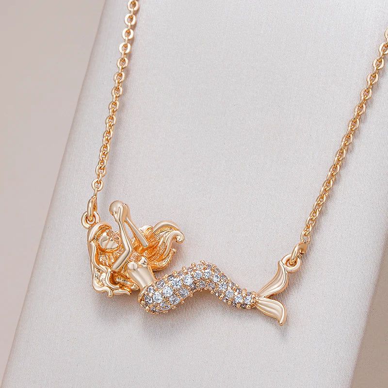 Elaborate Rose Gold Mermaid Pendant Necklace with Natural Zircon Accents