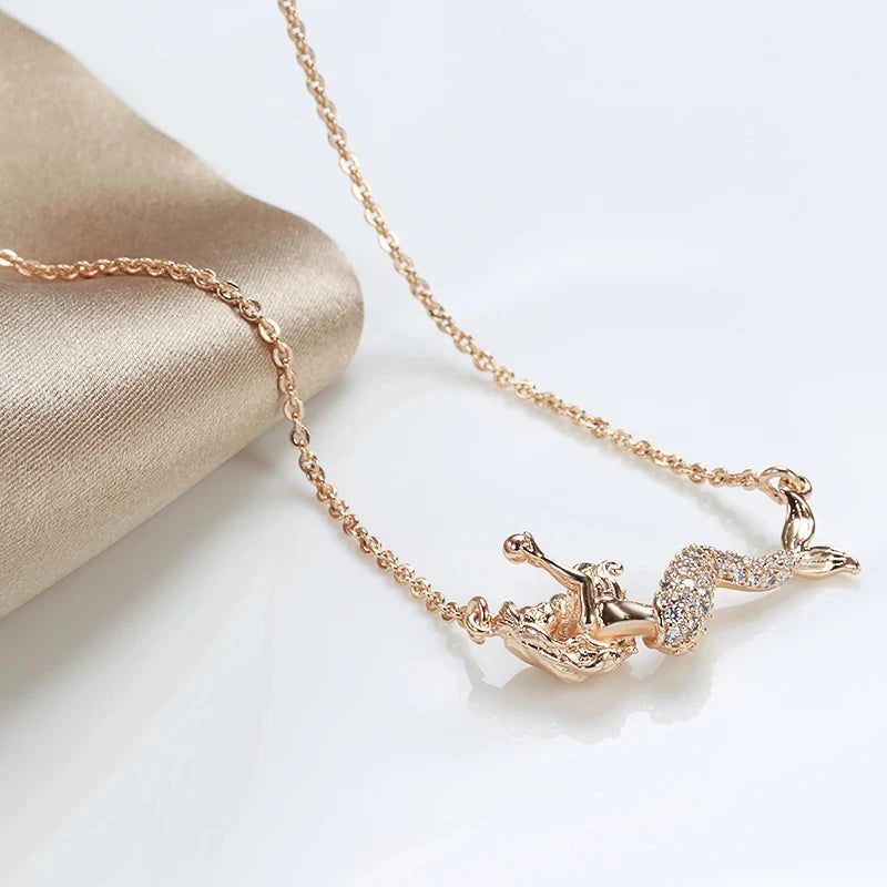 Elaborate Rose Gold Mermaid Pendant Necklace with Natural Zircon Accents