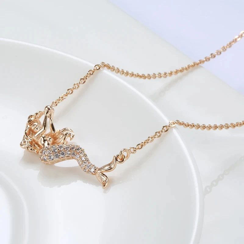 Elaborate Rose Gold Mermaid Pendant Necklace with Natural Zircon Accents