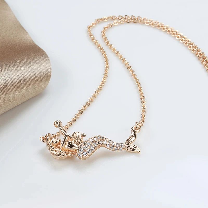 Elaborate Rose Gold Mermaid Pendant Necklace with Natural Zircon Accents