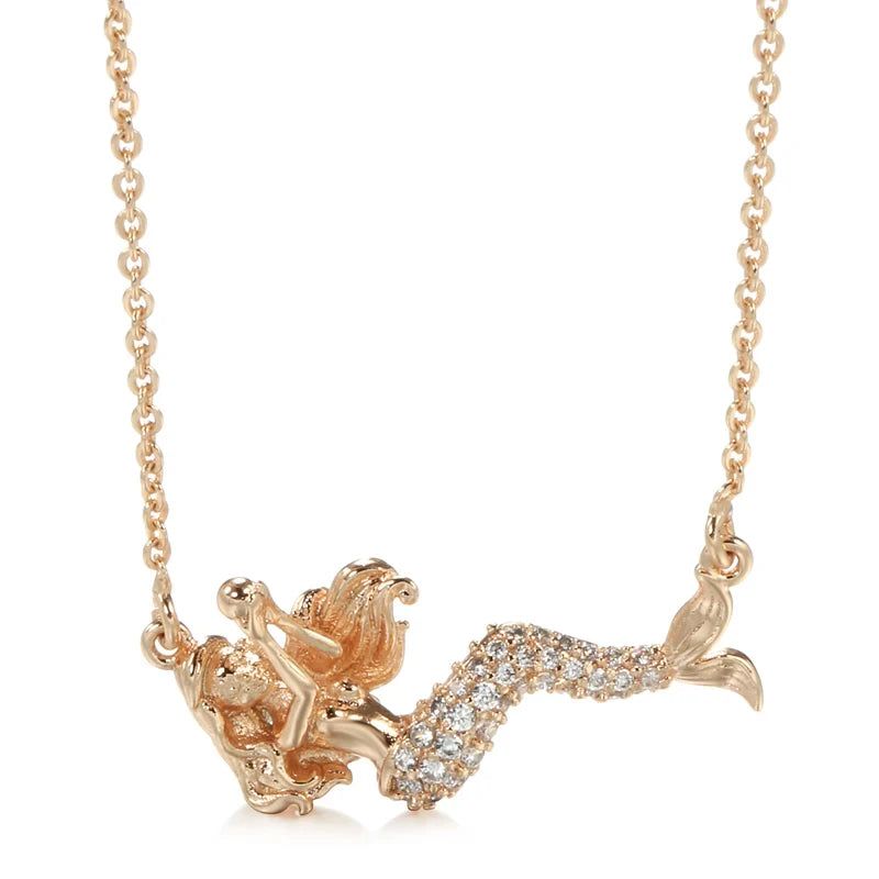 Elaborate Rose Gold Mermaid Pendant Necklace with Natural Zircon Accents