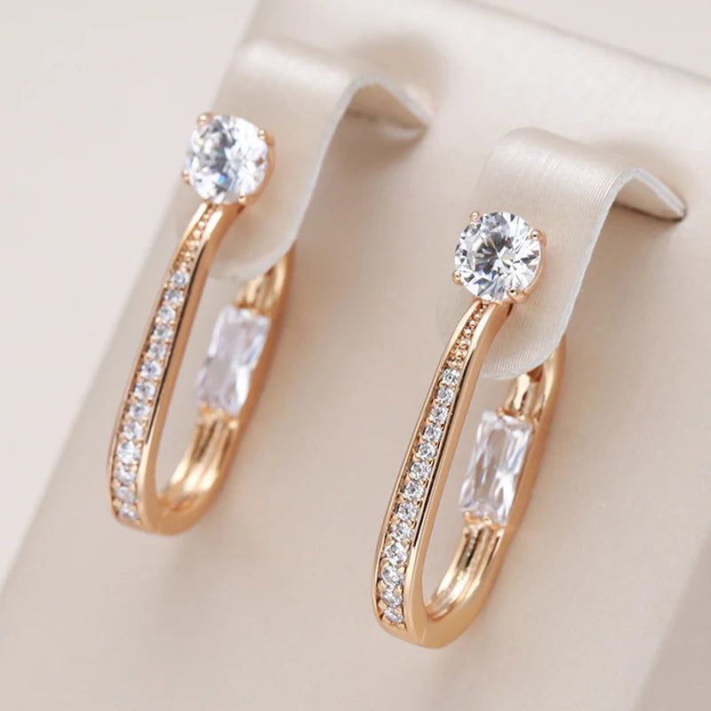 Elaborate Rose Gold Natural Zircon Dangle Hoop Earrings - Trendy Geometric Design