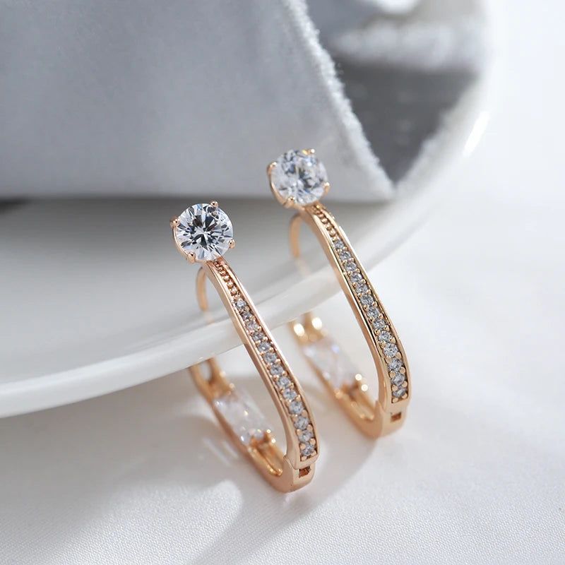 Elaborate Rose Gold Natural Zircon Dangle Hoop Earrings - Trendy Geometric Design