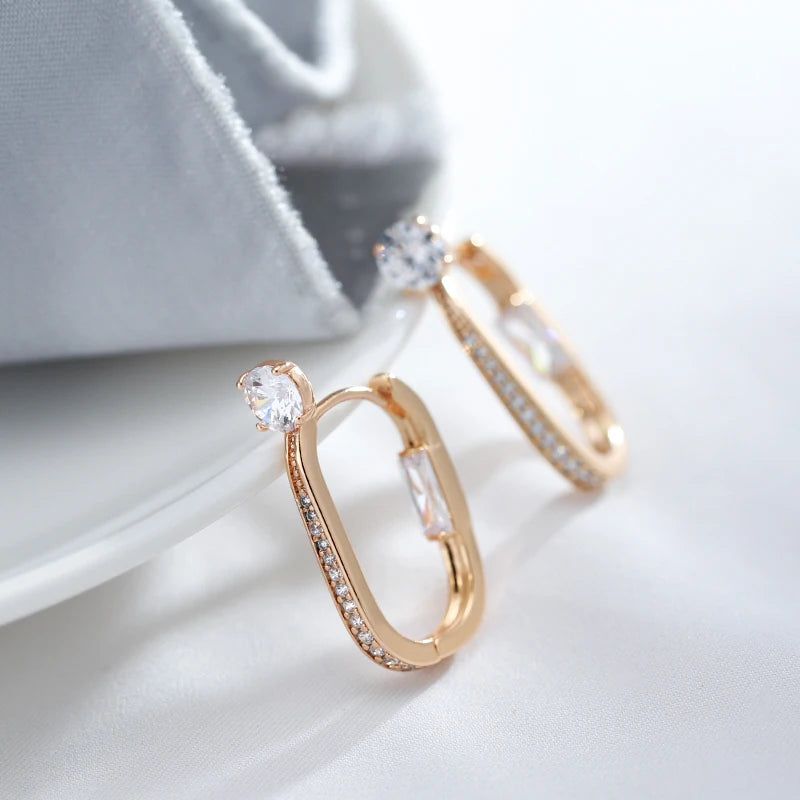 Elaborate Rose Gold Natural Zircon Dangle Hoop Earrings - Trendy Geometric Design